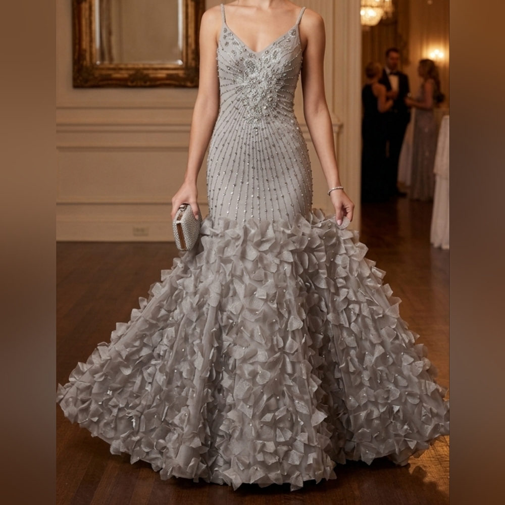 SOLD!!!!!  VINTAGE Sue Wong Gray Beaded 100% Silk Wedding/Prom Gown